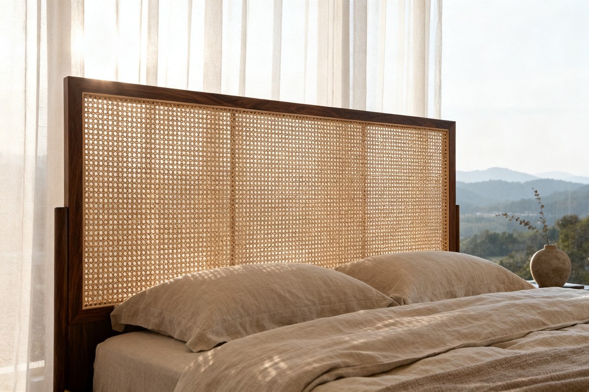 Chambre contemporaine avec une grande tête de lit en cannage encadrée de noyer et un linge de lit en lin.