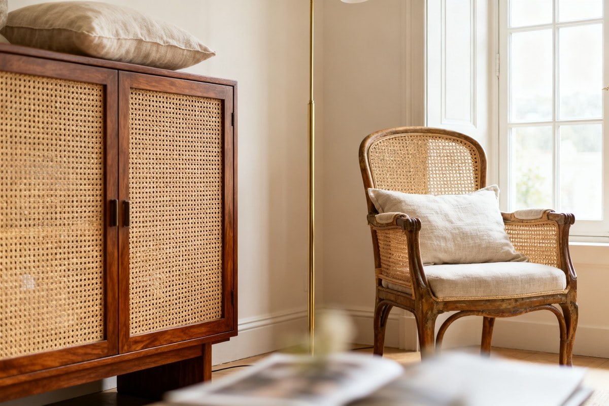 Coin salon avec un fauteuil en rotin, une enfilade à façade en cannage et un lampadaire en laiton.