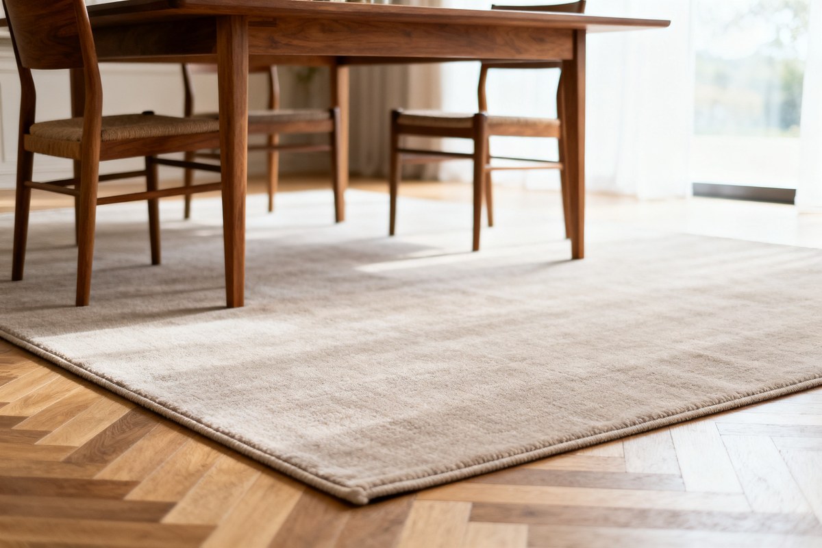 Tapis neutre disposé sous une table à manger en bois dans une pièce lumineuse