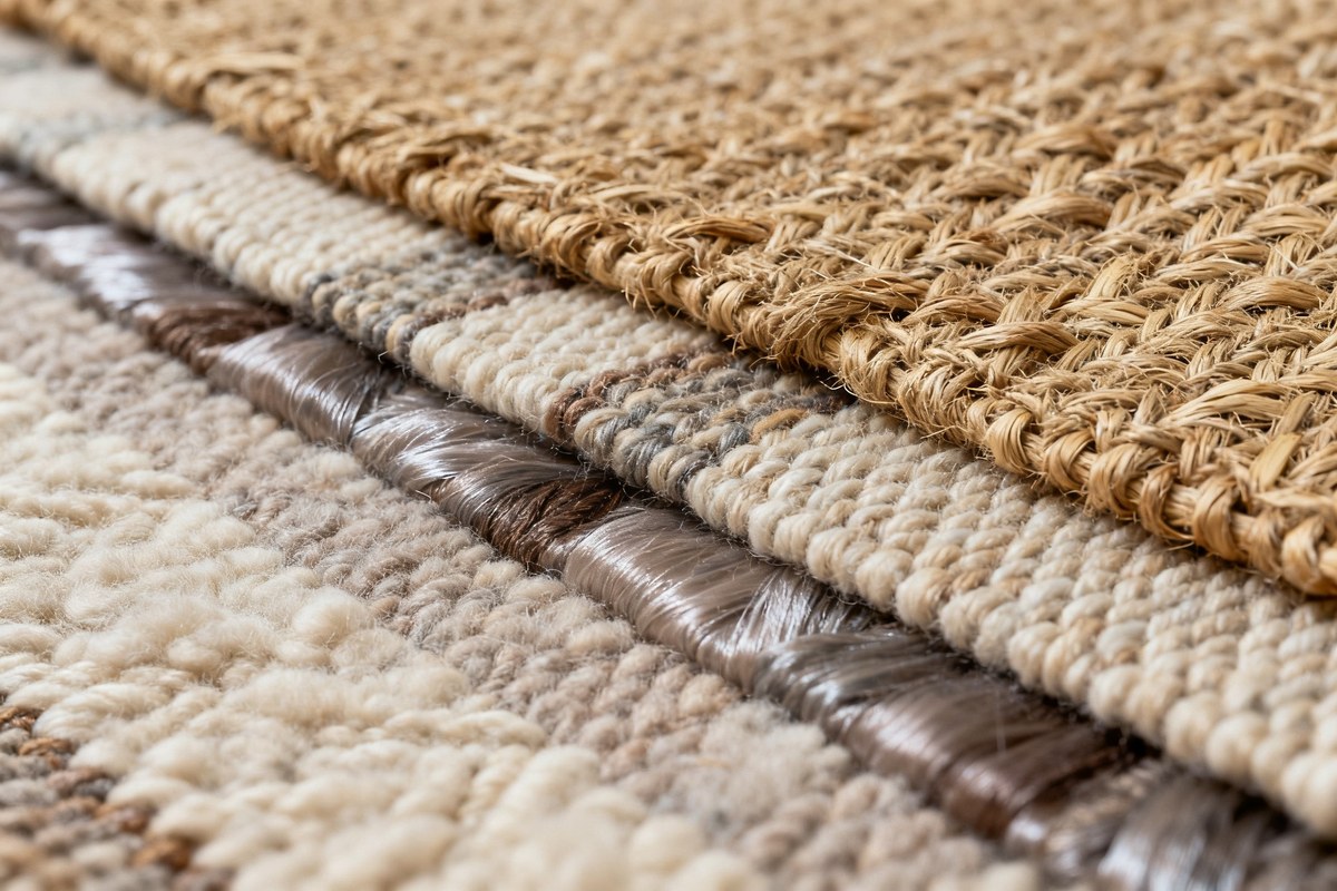 Détail de tapis tissés main superposés mêlant laine, jute et soie