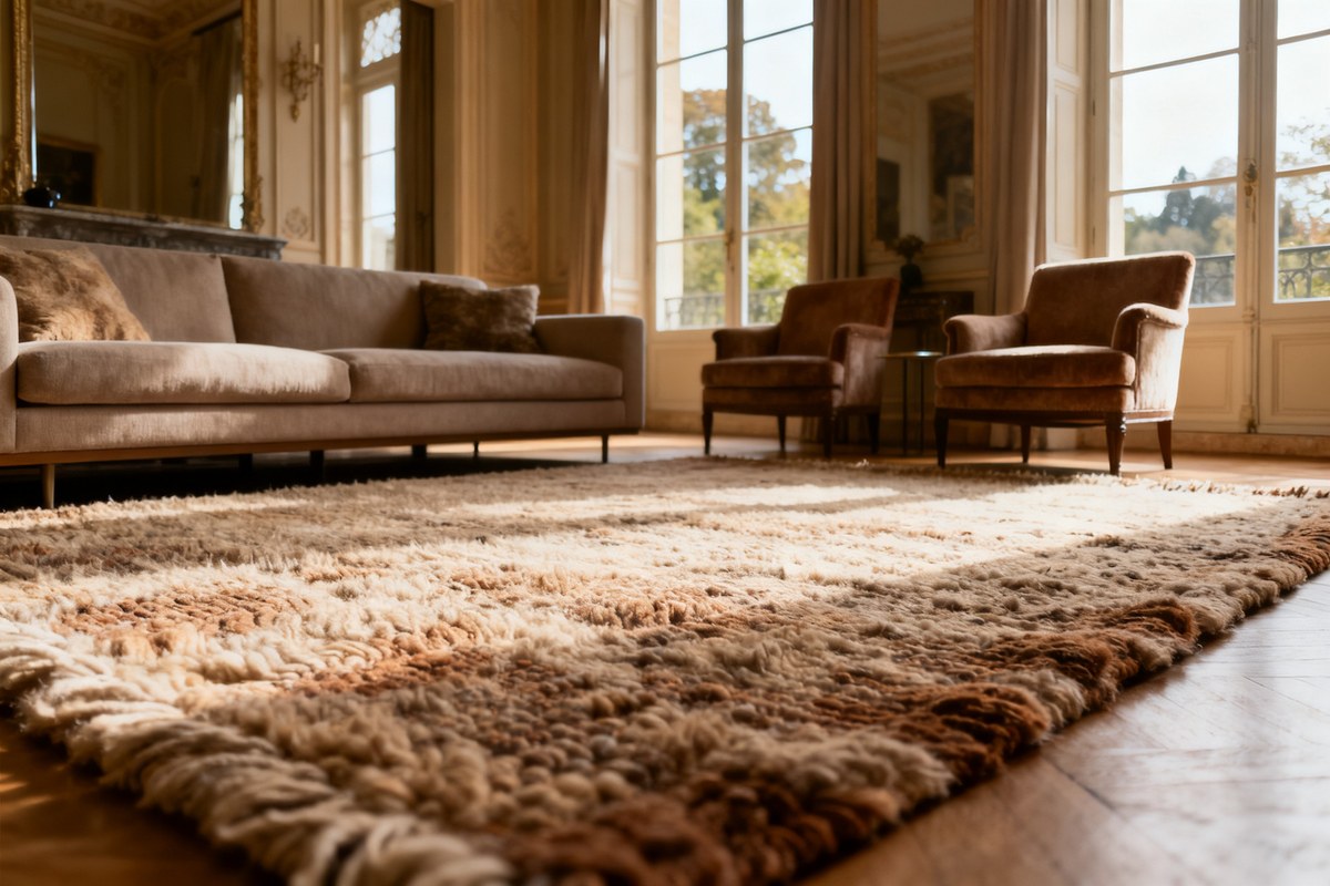 Grand tapis texturé délimitant le coin salon d'un séjour élégant aux tons chauds