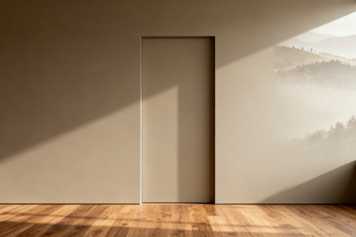 Porte affleurante toute hauteur intégrée à un mur peint mat, sans encadrement visible, dans un couloir épuré