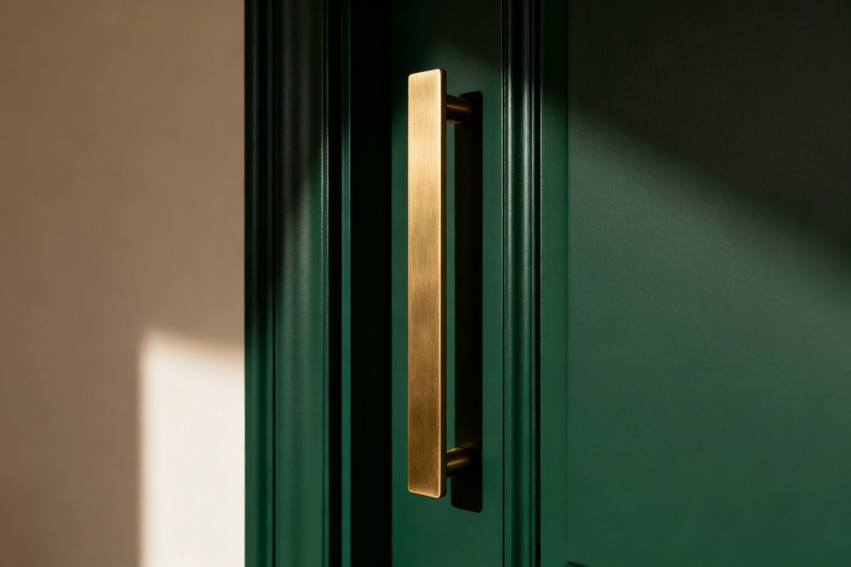 Poignée de porte verticale en laiton brossé sur une porte intérieure peinte en vert profond