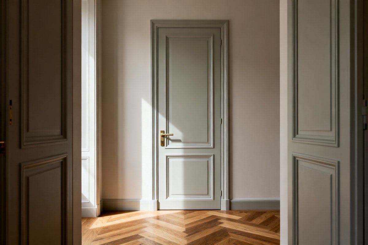 Porte intérieure classique gris-vert à panneaux moulurés, poignée en laiton, sur un parquet en point de Hongrie