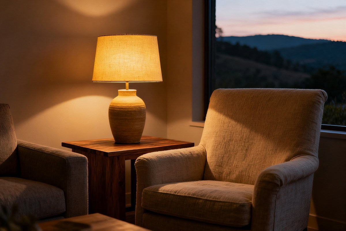 Coin de salon éclairé par une lampe à poser, palette terreuse et fauteuil en lin
