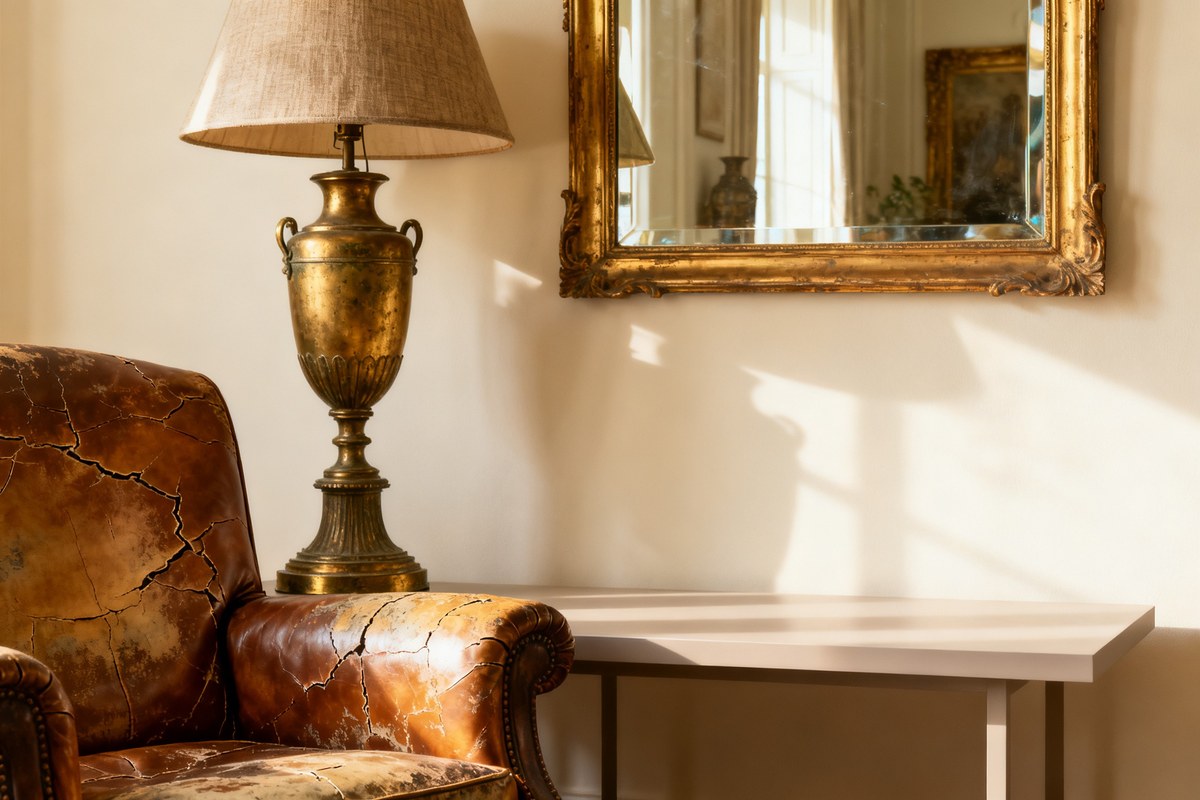 Lampe en laiton, miroir doré ancien et fauteuil en cuir patiné