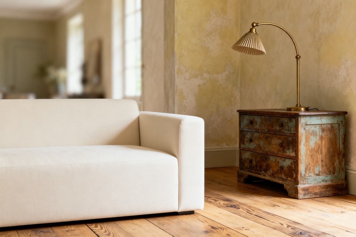 Salon mêlant un canapé contemporain et une commode ancienne patinée