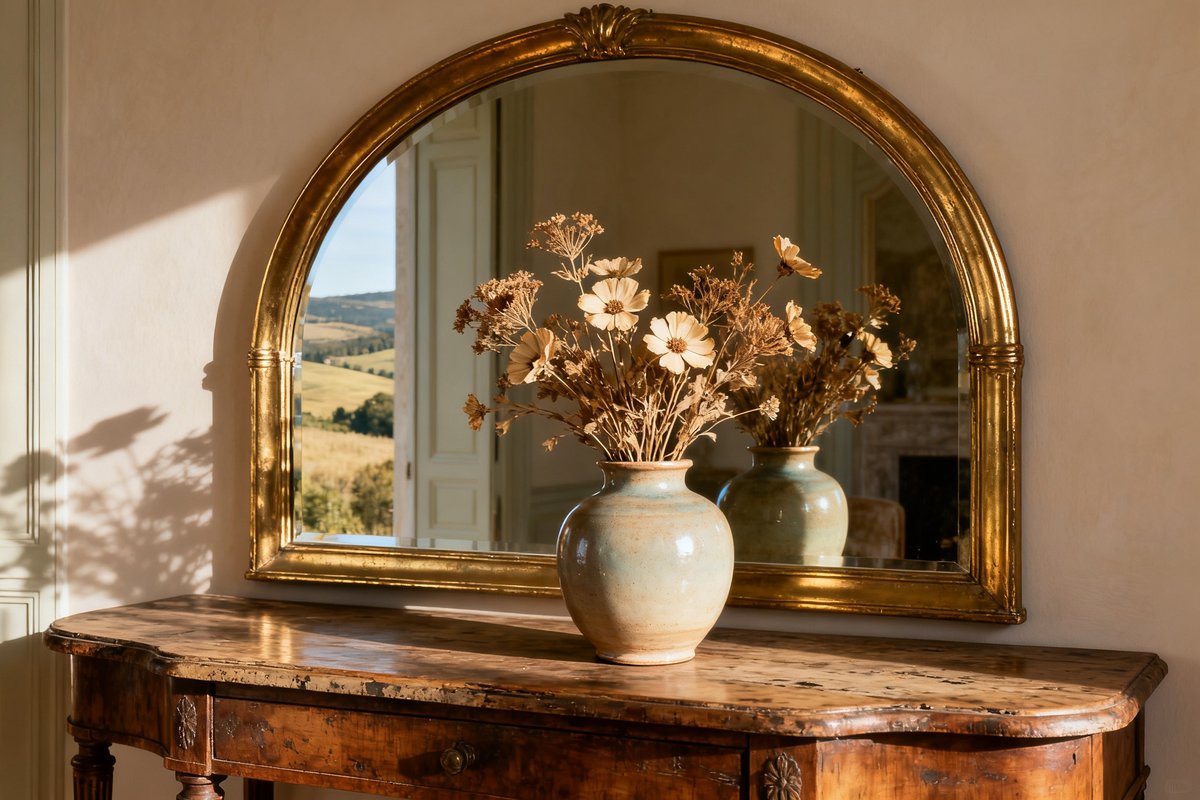 Miroir en arche au cadre laiton au-dessus d'une console en bois avec un vase en céramique