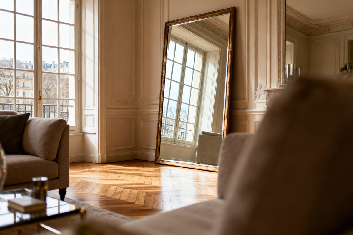 Grand miroir posé au sol dans un salon parisien, reflétant les fenêtres et le parquet