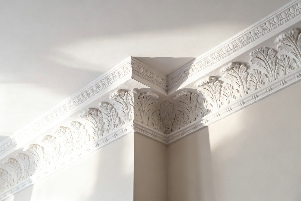 Détail d'une corniche et d'une moulure en plâtre blanc à la jonction du mur et du plafond