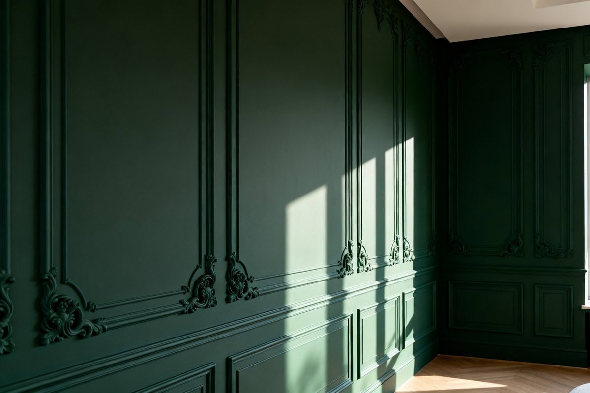 Mur orné de moulures décoratives peintes en vert profond, éclairées par une lumière rasante