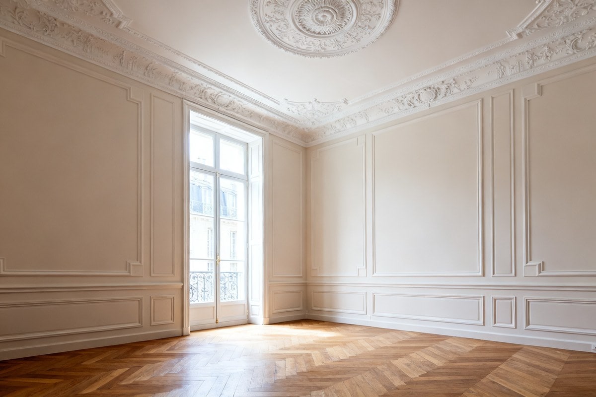 Angle de salon ancien avec corniche et rosace en platre sous un plafond haut, lumiere du jour