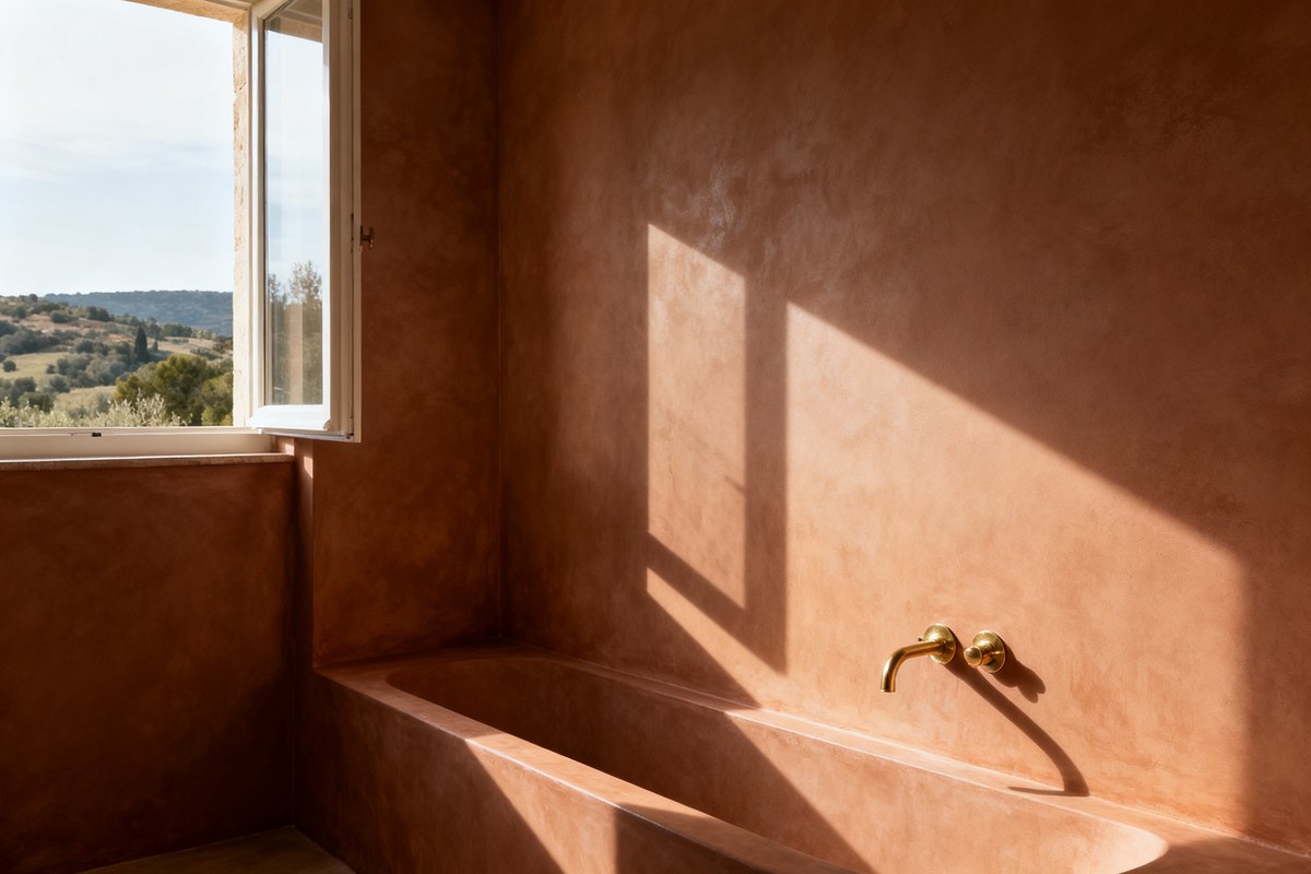 Salle d'eau aux murs en tadelakt teinte argile, jouant avec la lumière naturelle et les ombres douces.