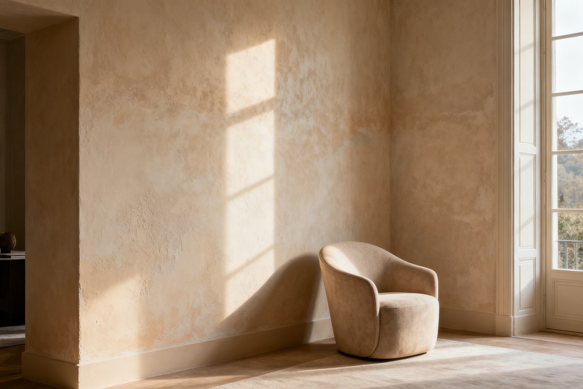 Mur de salon habillé d'un enduit à la chaux mat, aux variations de teinte douces sous la lumière.