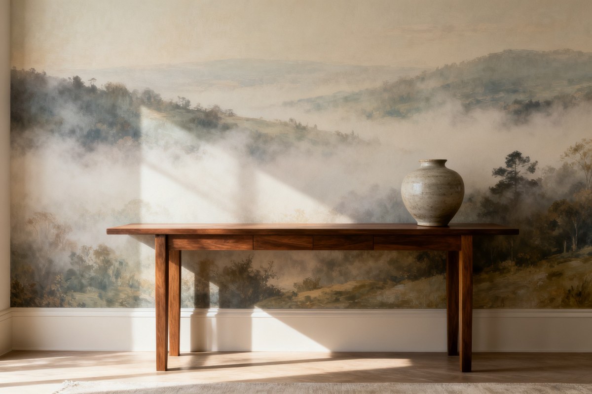 Console en bois devant un papier peint panoramique représentant un paysage brumeux