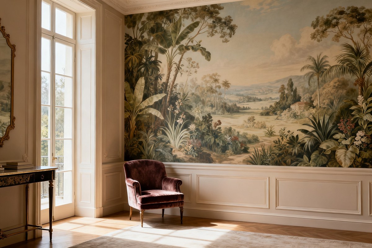 Salon raffiné habillé d'un papier peint panoramique végétal au-dessus d'un soubassement