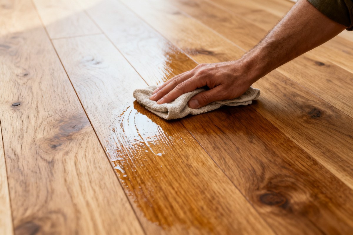 Application d'une huile naturelle sur un parquet en chêne