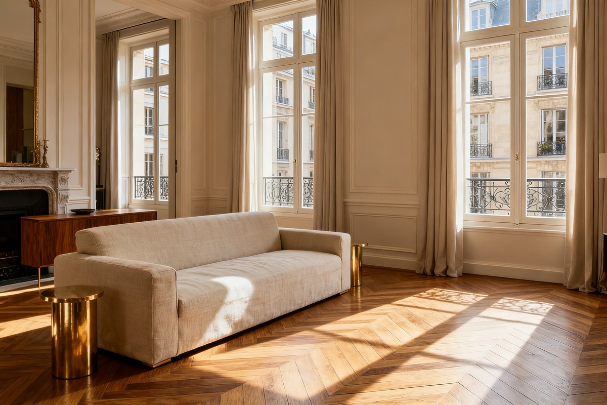 Salon raffiné avec parquet en chêne posé en point de Hongrie