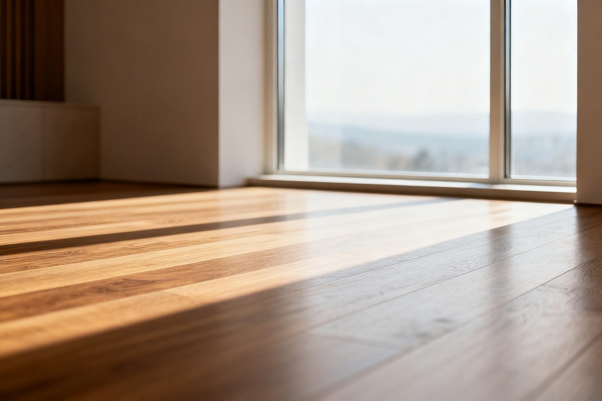Grande fenêtre diffusant une lumière douce sur un parquet dans une pièce épurée
