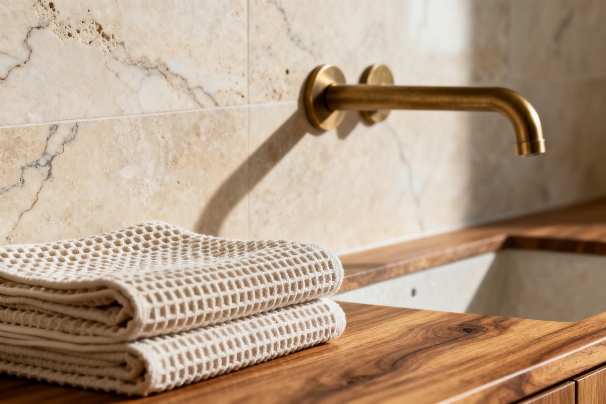 Détail de matières naturelles dans une salle de bains : travertin, laiton brossé et bois