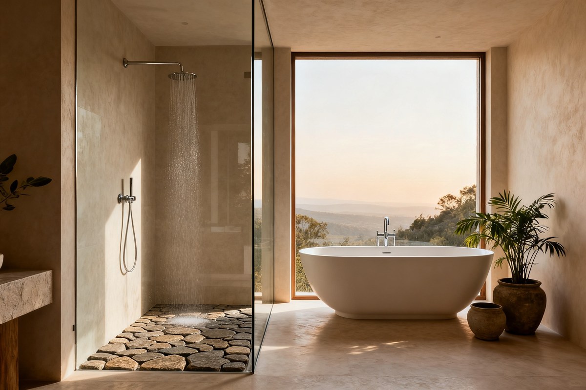 Douche à l'italienne ouverte et baignoire îlot dans une salle de bains lumineuse