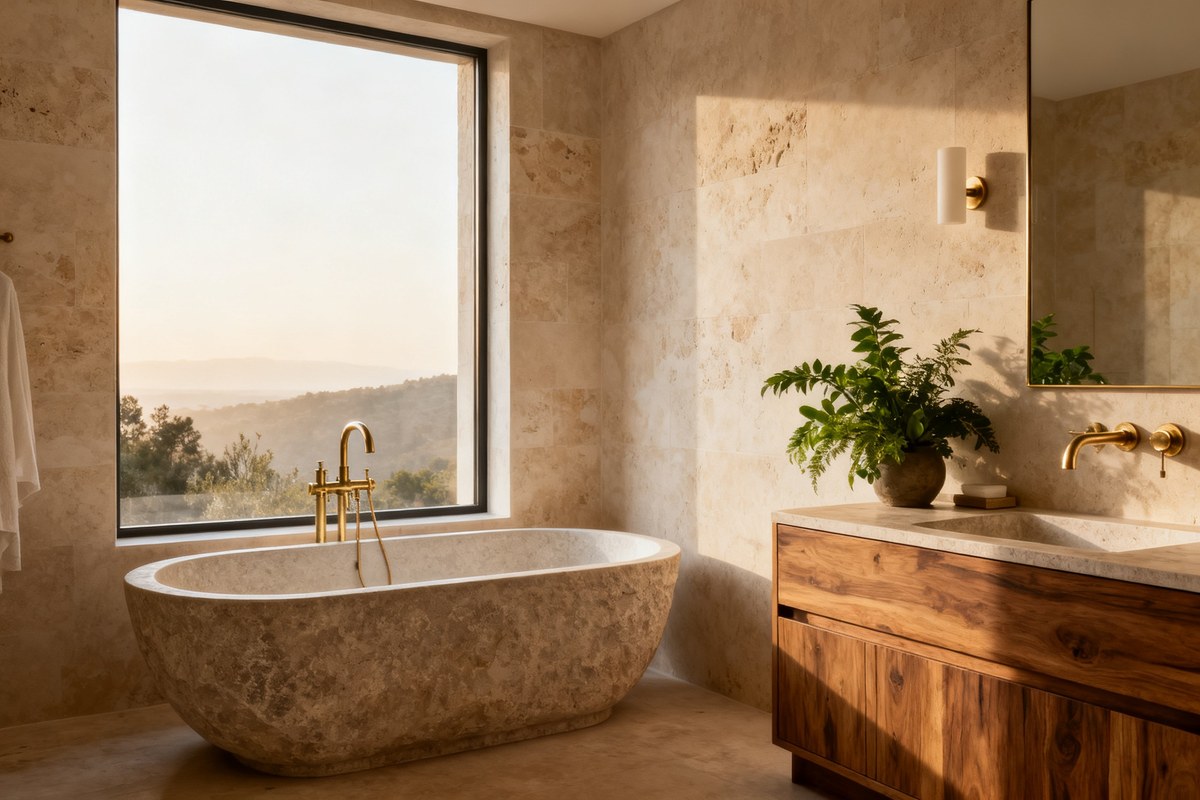 Salle de bains haut de gamme avec baignoire îlot en pierre près d'une grande fenêtre