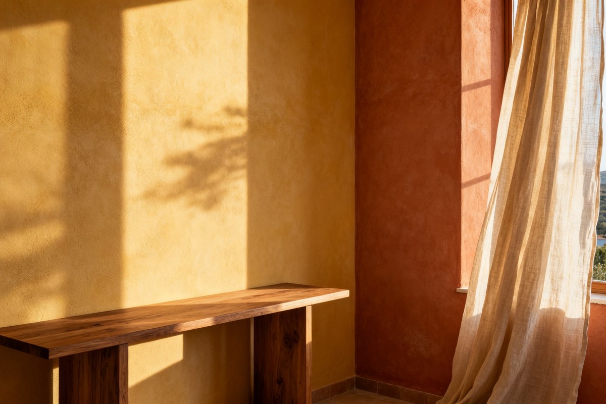 Angle d'une pièce aux murs ocre et terracotta baigné de lumière chaude en fin de journée