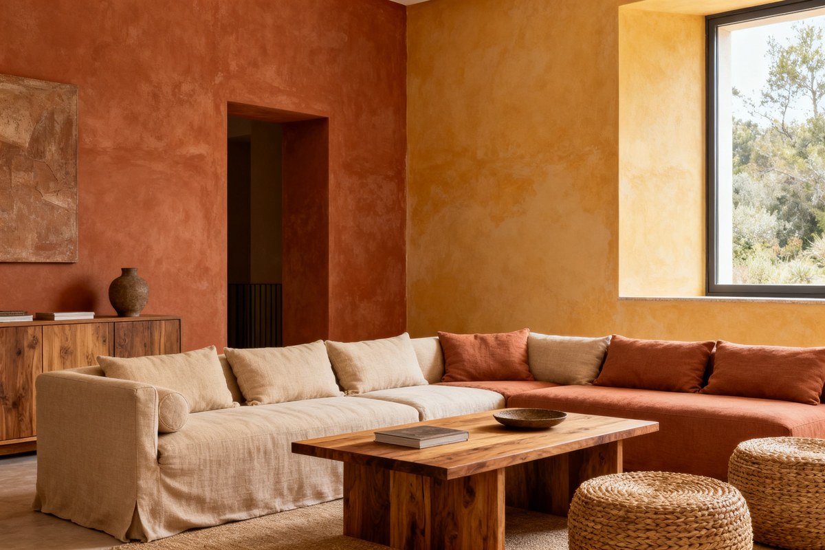 Salon contemporain aux murs en enduit terracotta et ocre, canapé en lin sable et table en bois