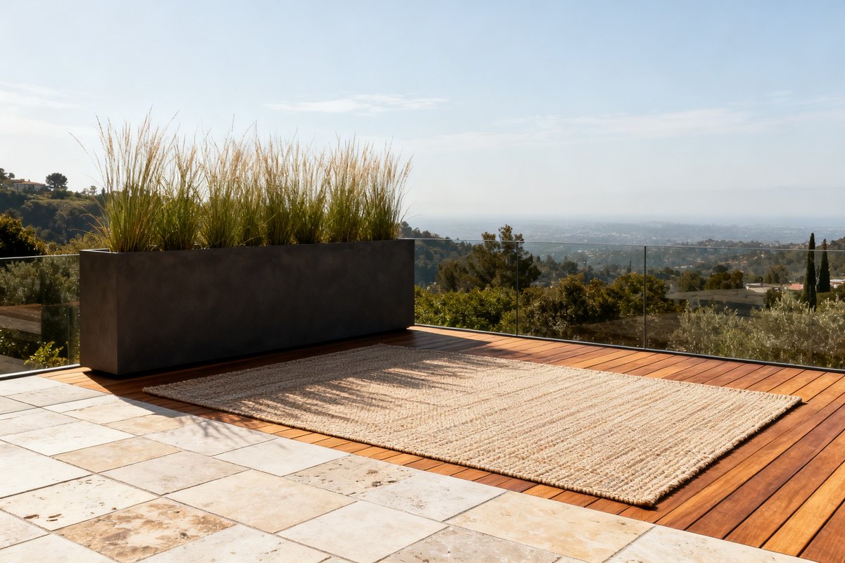 Sol de terrasse mêlant pierre naturelle et lames de bois, tapis d'extérieur délimitant un coin salon