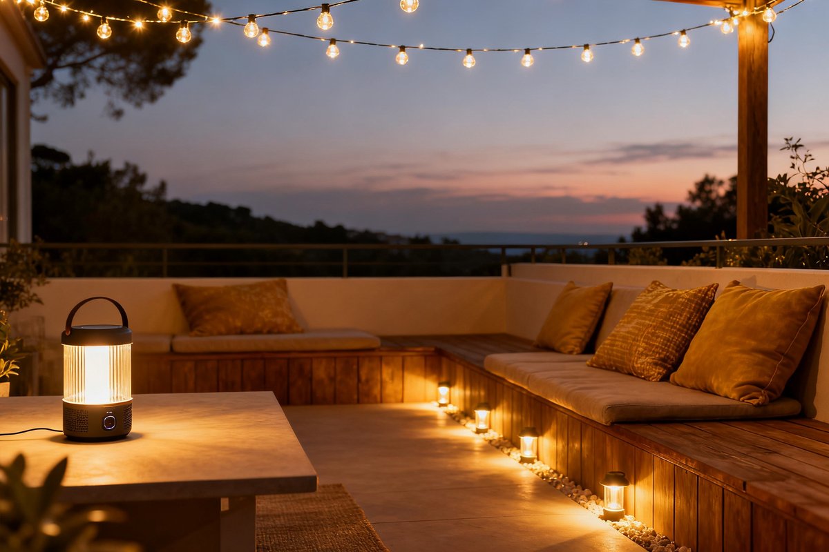 Terrasse au crépuscule éclairée par une guirlande guinguette, lampes nomades posées et balises basses