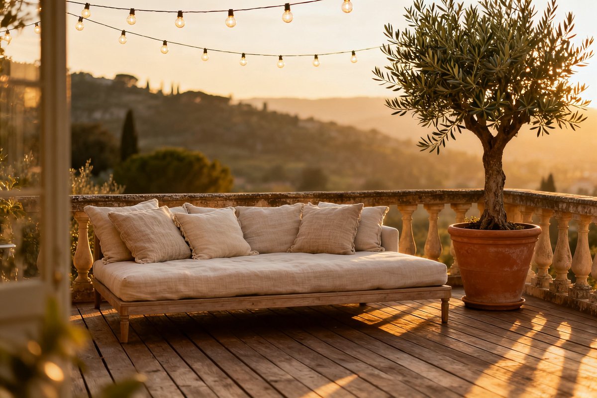 Terrasse en bois aménagée en salon d'extérieur avec canapé bas, coussins en lin et guirlande lumineuse au crépuscule
