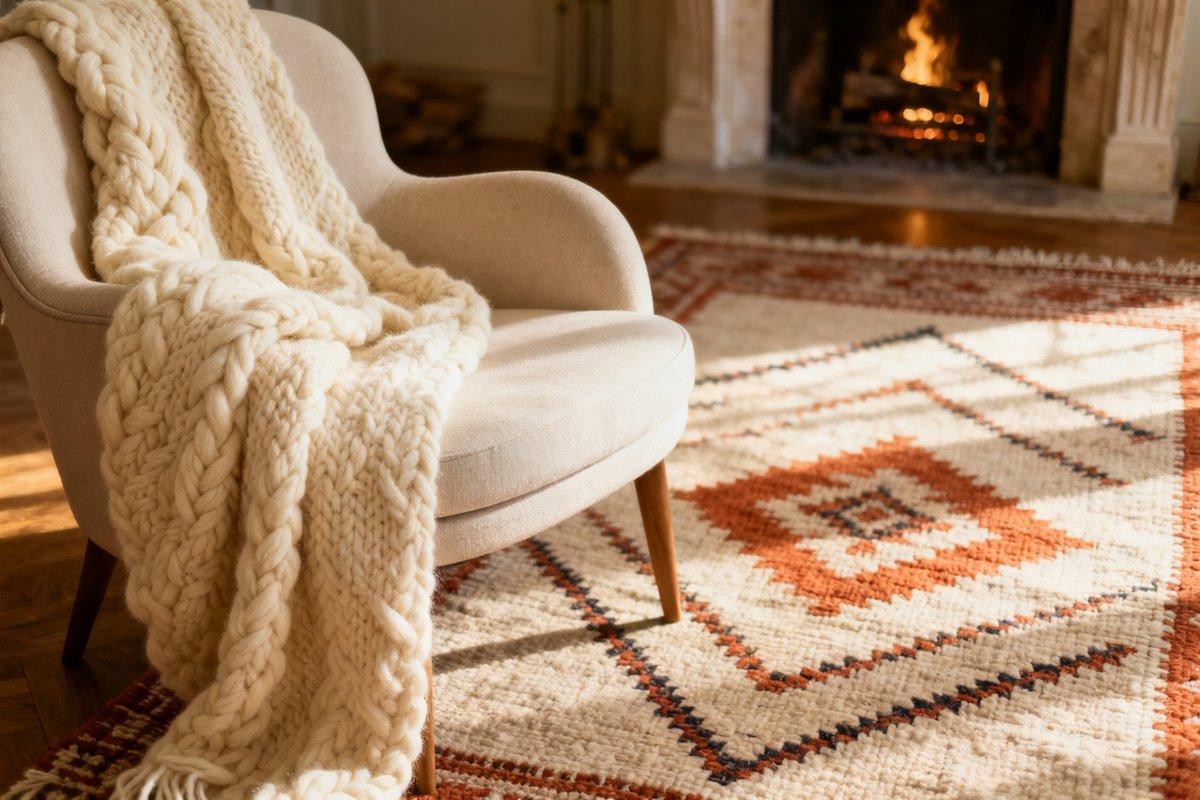 Plaid en laine épaisse posé sur un fauteuil près d'un tapis tissé main