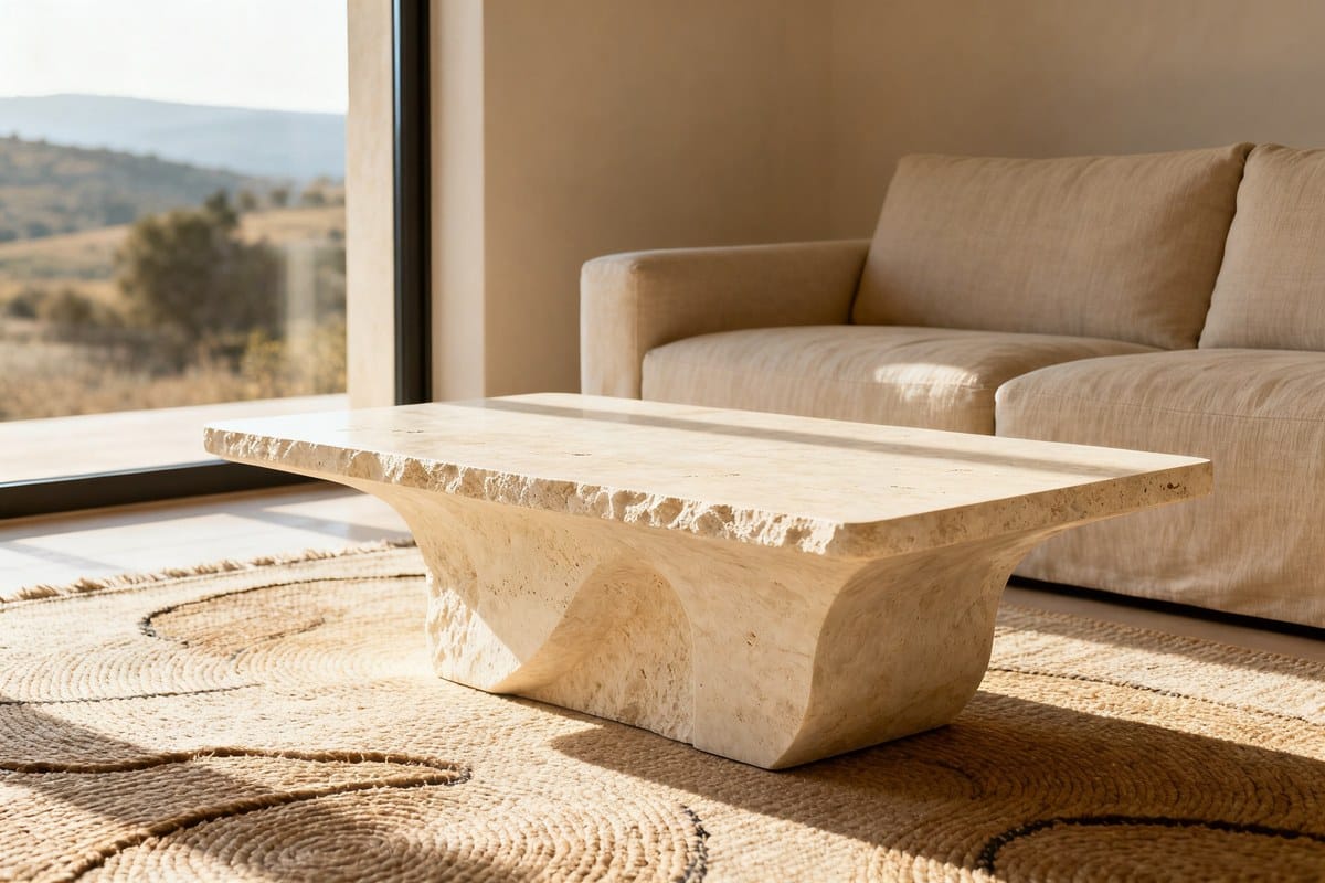 Table basse en travertin beige dans un salon contemporain baigné de lumière naturelle
