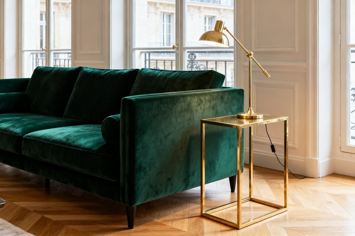 Canapé en velours vert profond dans un salon raffiné, accents en laiton et parquet clair