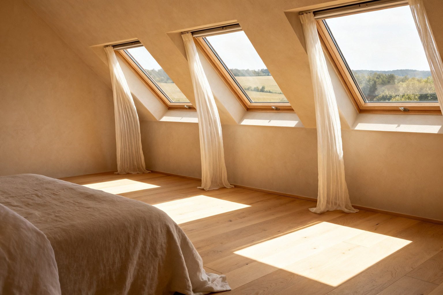 Chambre sous combles éclairée par trois fenêtres de toit alignées dans la pente, sol en chêne clair.