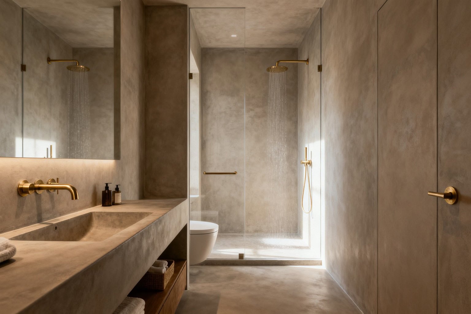 Douche à l'italienne et murs de salle de bains habillés de béton ciré taupe, ambiance minérale