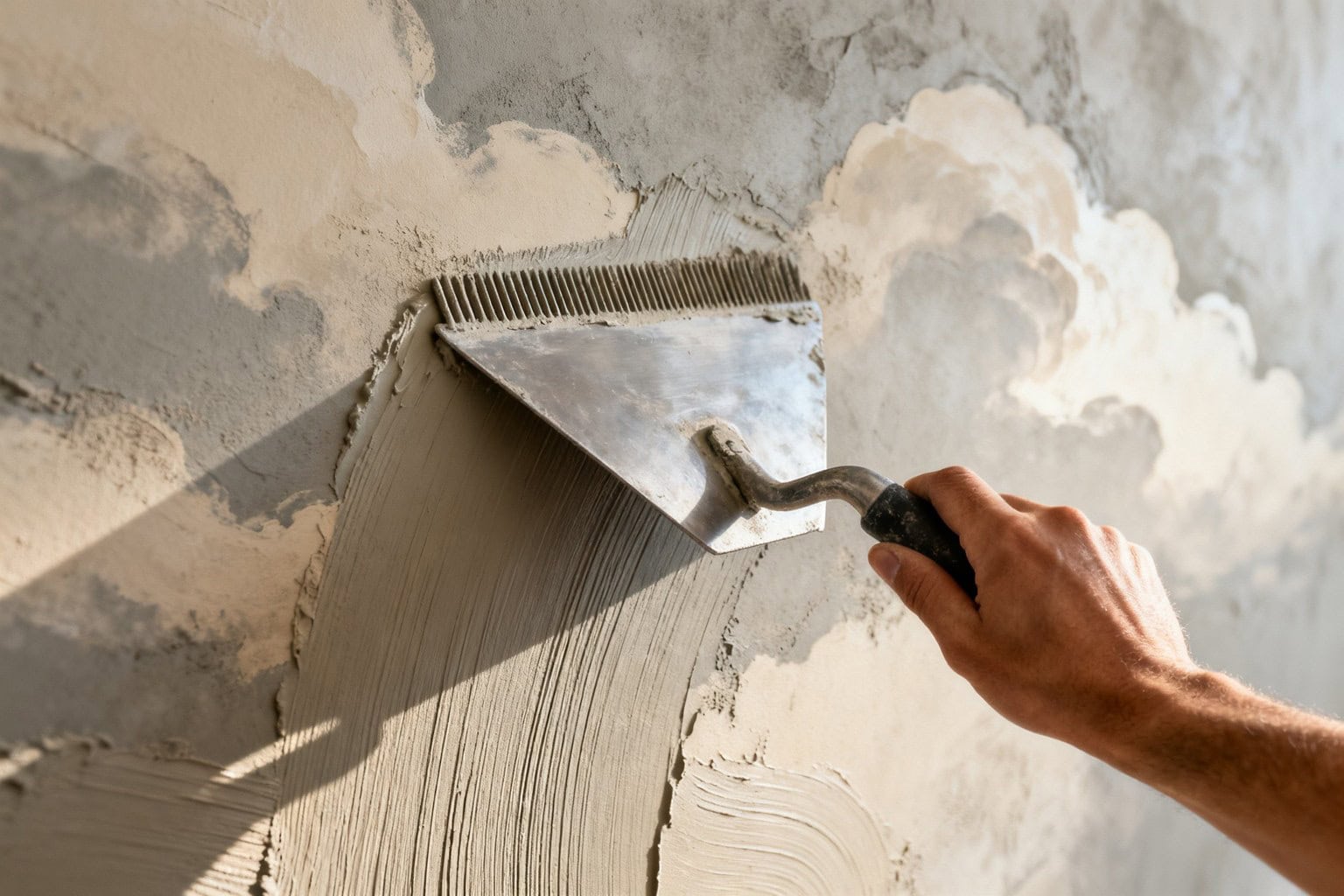 Truelle étalant une fine couche de béton ciré sur un mur, révélant le grain minéral de la matière