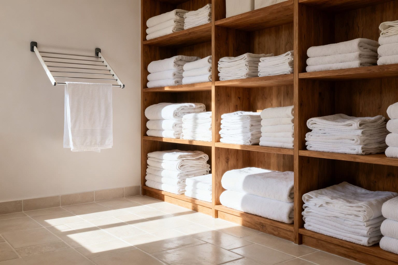 Linge blanc plié rangé sur des étagères en chêne dans une buanderie lumineuse et ordonnée