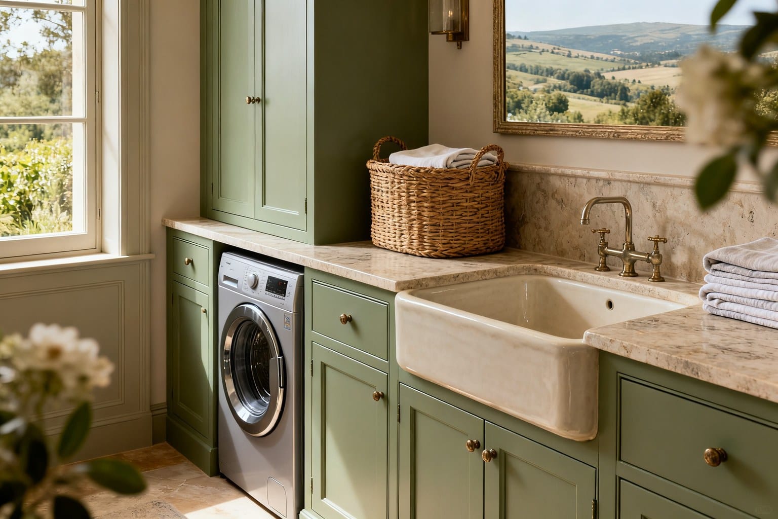 Buanderie soignée aux façades vert sauge dissimulant le lave-linge, avec évier en grès et plan de travail en pierre