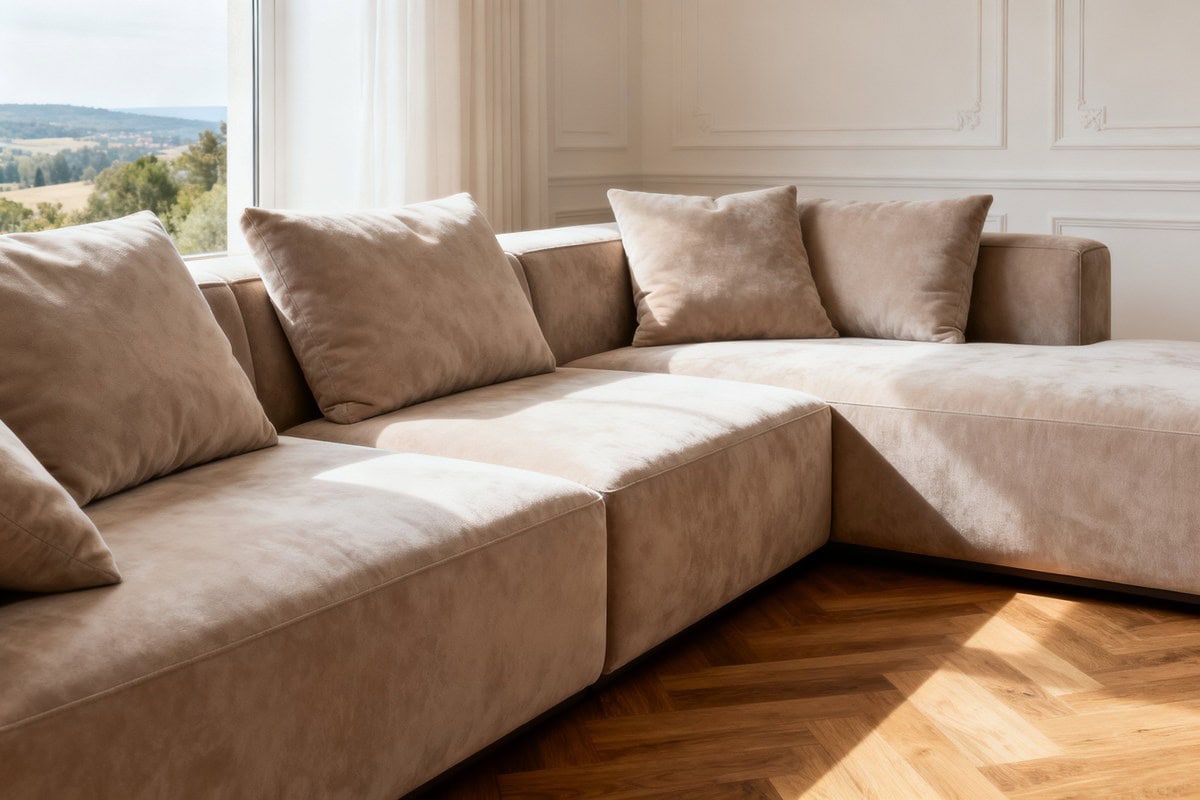 Canapé d'angle modulable beige aux modules bas dans un salon clair au parquet à chevrons