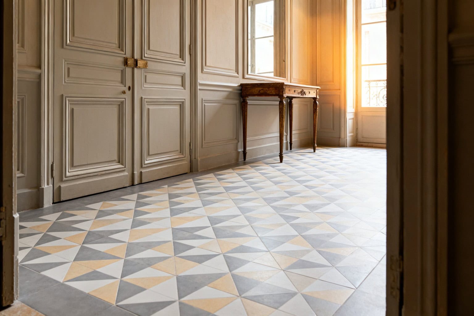 Carreaux de ciment à motifs triangulaires gris et ocre dans une pièce classique à boiseries claires