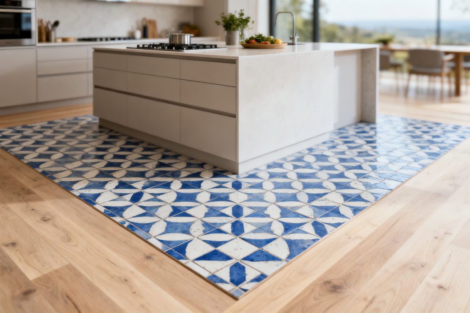 Cuisine contemporaine avec un tapis de carreaux de ciment bleu et blanc encadré par un parquet en chêne clair