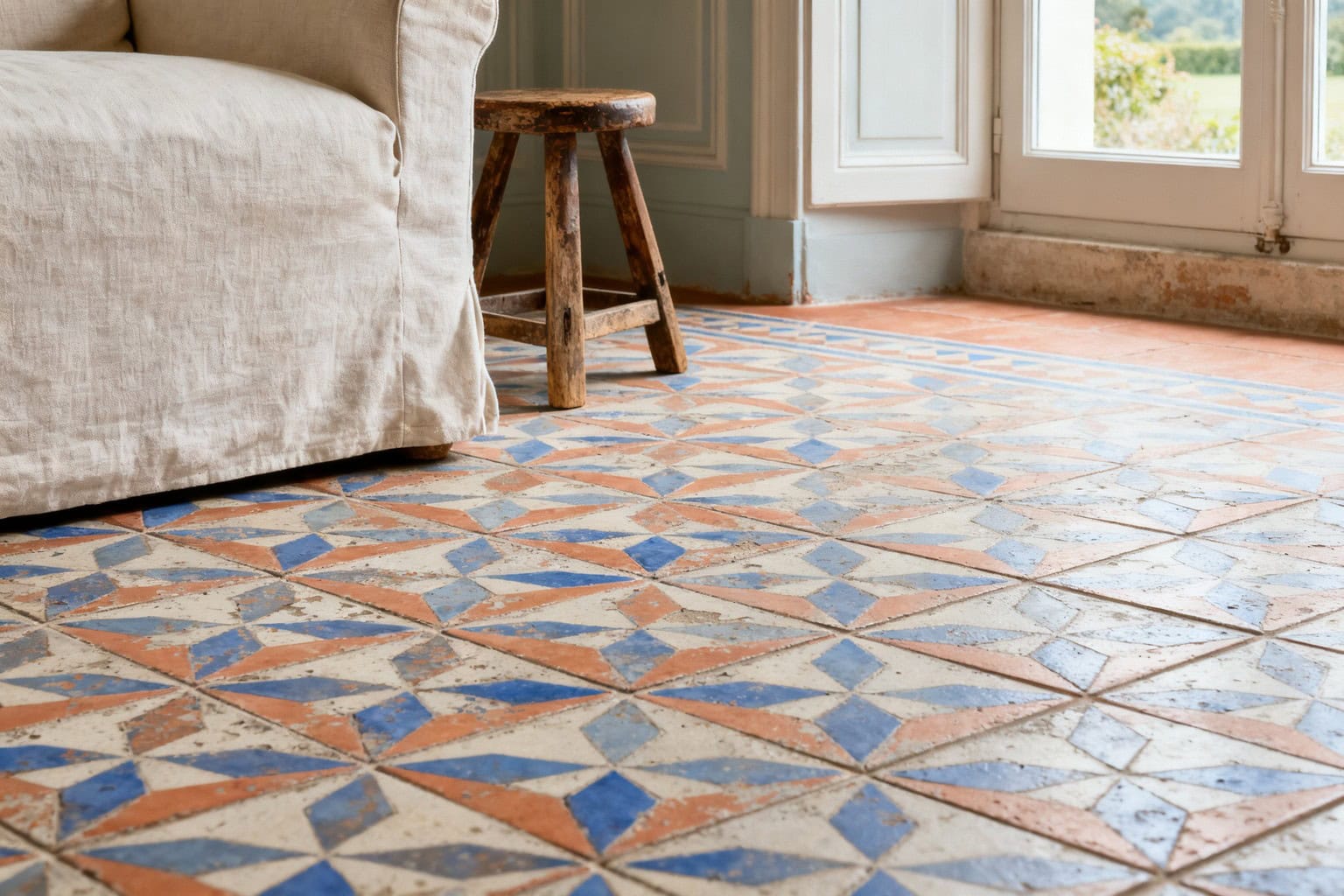 Sol en carreaux de ciment à motifs géométriques bleus et terre cuite, patinés par le temps
