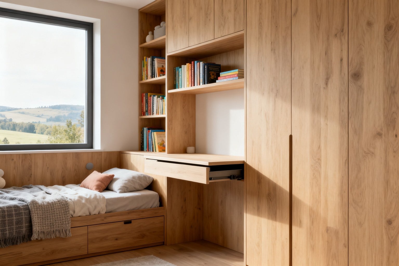 Chambre d'enfant en chêne avec lit à tiroirs, bibliothèque intégrée et bureau escamotable