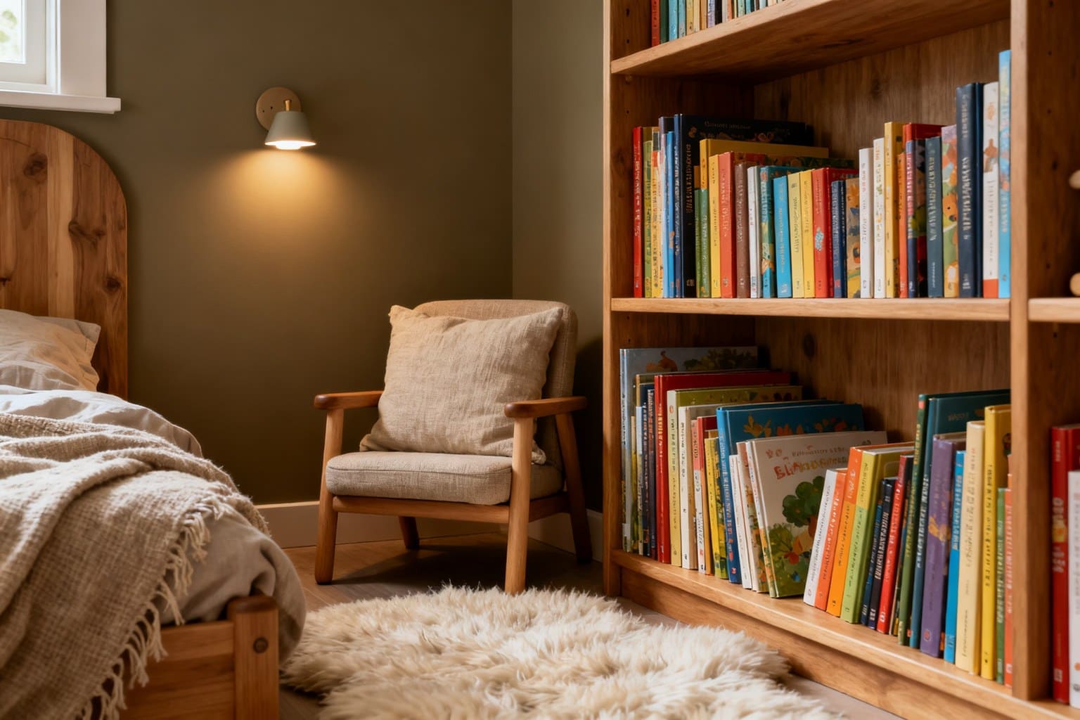 Coin lecture d'une chambre d'enfant avec fauteuil en bois, mur vert olive et bibliothèque colorée