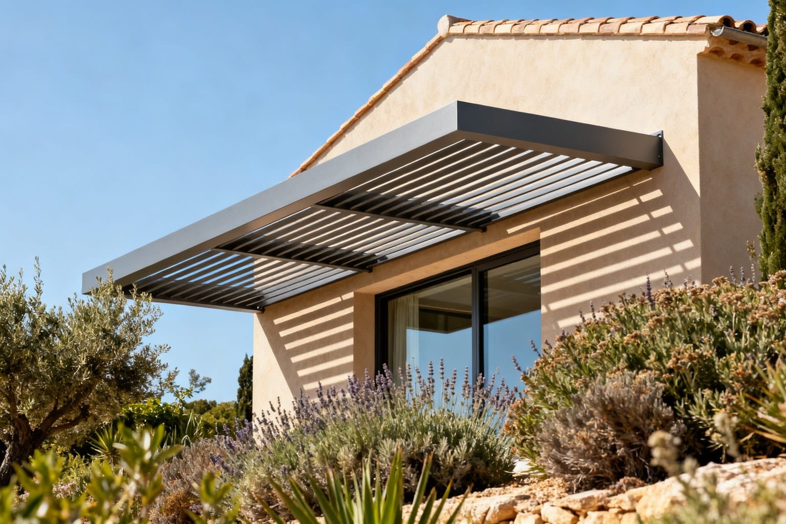 Façade contemporaine équipée de brise-soleil orientables et d'un large débordement de toiture