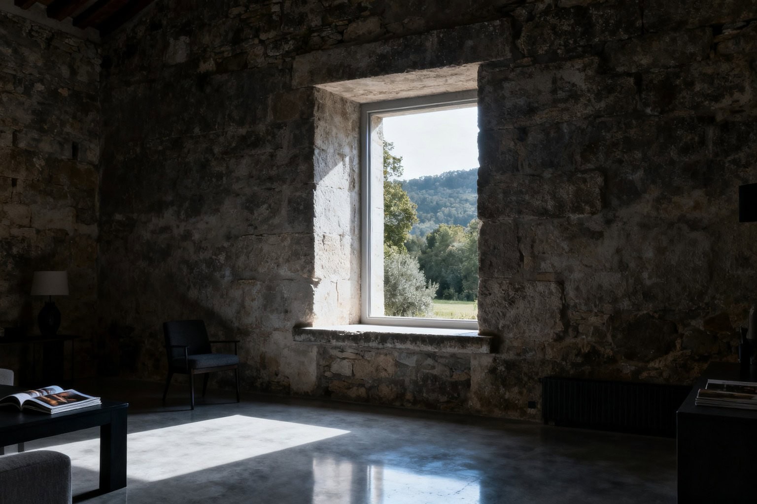 Intérieur d'une maison ancienne aux murs de pierre épais et à l'embrasure de fenêtre profonde