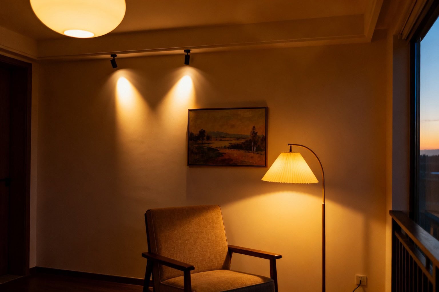 Salon combinant lumière d'ambiance, lampe de lecture et spots d'accentuation