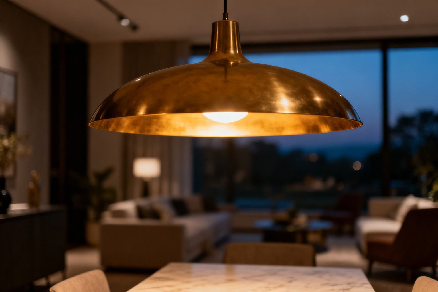 Suspension en laiton à intensité réduite diffusant une lumière dorée le soir