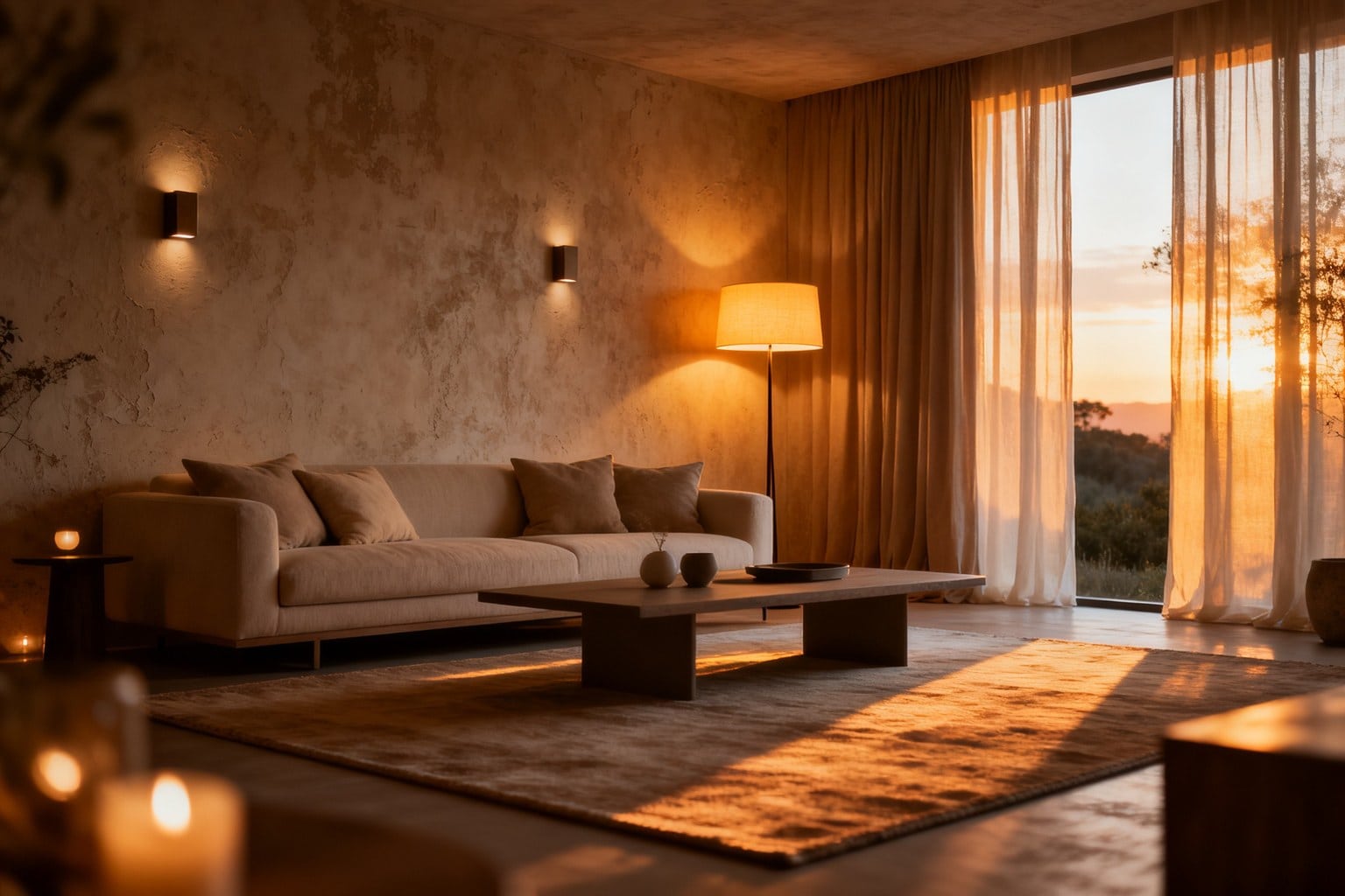 Salon contemporain éclairé au crépuscule par plusieurs sources de lumière chaude